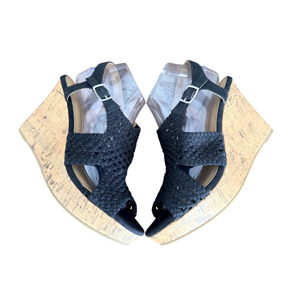 SO Taffy Black Woven Braided Cork Wedge Sandals Women's Size 10 M 214784